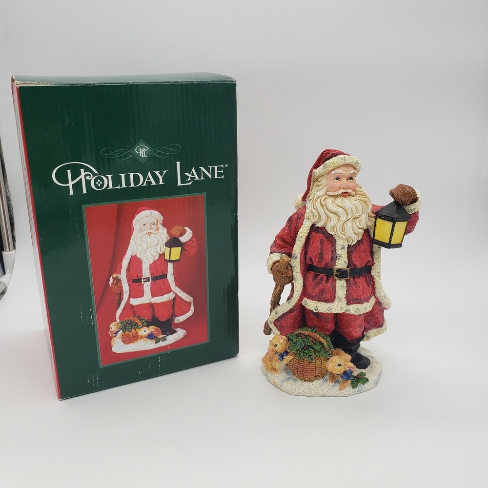 Holiday Lane Poly Resin Woodland Santa W/ Lantern Christmas‎  8" Complete In Box
